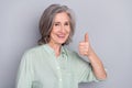 Photo of happy smiling good looking pretty granny showing thumb-up like approval isolated on grey color background