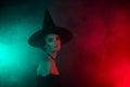 Photo of haunting warlock lady banner poster of horror room theme advertisement isolated on gradient colorful background