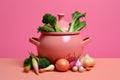 healthy soup ingredient with pink background ai generated