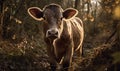 photo of heifer bovine standing on a forest path. Generative AI Royalty Free Stock Photo