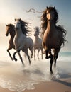 Ai generated a herd of galloping horses on a sandy beach Royalty Free Stock Photo