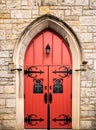 Southminster Presbyterian Church in Mt Lebanon, Pennsylvania, with its red door with metal mountings