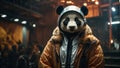 Photo of hipster panda guy in subway. Panda man character