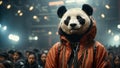 Photo of hipster panda guy in subway. Panda man character