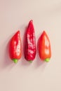 In the photo, homemade sweet peppers are placed in the center on a pink background from the upper angle Royalty Free Stock Photo