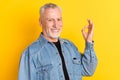 Photo of hooray mature granddad show okey sign wear jeans blazer isolated on vivid yellow color background