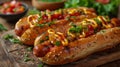 A photo of hot dogs with mustard, tomato sauce and fresh herbs on top Royalty Free Stock Photo