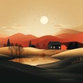 Moody Autumn Landscape Illustration With House And Tree