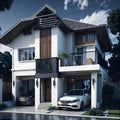 Ai generated house with a white car parked in front Royalty Free Stock Photo