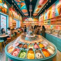 A photo of an ice cream shop which many ice creams and customers by generative AI