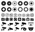 Photo icon set, photo camera lens diaphragm, photo gallery, video camera, image, security surveillance, film lens or snap optics Royalty Free Stock Photo