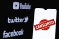 The photo illustrates the use of censorship in the popular social media Youtube, Twitter and Facebook. Censored in social network. Royalty Free Stock Photo