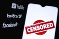 The photo illustrates the use of censorship in the popular social media Youtube, Twitter and Facebook. Censored in social network. Royalty Free Stock Photo