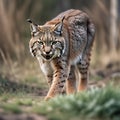 A photo illustration of a bobcat on the prowl in the wild