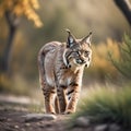 A photo illustration of a bobcat on the prowl in the wild