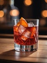 Photo Of Illustration Of A Closeup Of A Refreshing Glass Of Negroni On A Wooden Bar. Generative AI Royalty Free Stock Photo