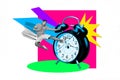 Photo illustration creative picture banner crazy irritated guy hitting alarm clock oversleep bell clock time limit hurry