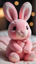 Photo Of Illustration Of A Cute Pink Stuffed Rabbit On A Cozy Bed Technology. Generative AI