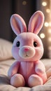 Photo Of Illustration Of A Cute Pink Stuffed Rabbit On A Cozy Bed Technology. Generative AI