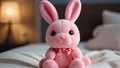 Photo Of Illustration Of A Cute Pink Stuffed Rabbit On A Cozy Bed Technology. Generative AI