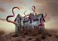 Photo illustration of a house surrounded by giant squid