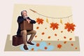 Photo image collage sitting mature man entrepreneur luggage holding suitcase waiting outside autumn falling leaves Royalty Free Stock Photo