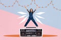 Photo image collage standing young happy girl huge cassette audio player boombox celebrate surprise event holiday winner
