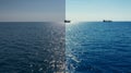 Photo before and after the image editing process. Sea ships