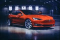 Photo of the image of an electric vehicle Tesla at the Tesla motor show in Berlin. A modern electric car. Royalty Free Stock Photo