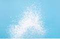 Photo image of explosion dust snow, heavy big small size snows. Freeze shot on blue sky winter background isolated overlay. Fluffy Royalty Free Stock Photo