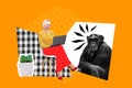 Photo image picture collage sitting old granny woman browsing internet laptop looking amazed chimpanzee monkey yellow