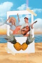 Photo image poster 3d collage of two people have fun dance play song enjoy romantic sunny time sea coast seashore Royalty Free Stock Photo