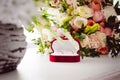 Photo image of a red velvet box with wedding rings of the bride and groom