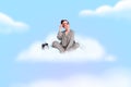Photo image of young charming lady sitting on fluffy comfortable cloud in sky see lovely dream look up wait awakening