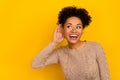 Photo of impressed millennial brunette lady hear secret wear beige sweater isolated on yellow color background