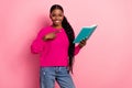 Photo of impressed millennial brunette lady index book wear eyewear sweater isolated on pink color background