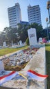 Photo of the Indonesian flag on the graves of heroes as the background on Indonesian Independence Day Portrait