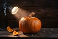 Photo Indoor studio spotlight pumpkin, a symbol of seasonal flavor