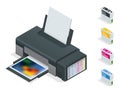 Photo inkjet printer. Color printer prints photo on white isolated background. Four empty refillable cartridges.