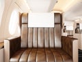 Photo interior of luxury private airplane. Empty leather chair, sunlight. Blank white frame ready for your business