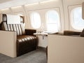 Photo interior of luxury private jet. Empty leather chair, modern generic design laptop table. Blank white screen ready Royalty Free Stock Photo