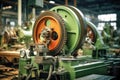 Photo of an interior view of a large industrial machine in a factory. Modern metal processing at an industrial enterprise.