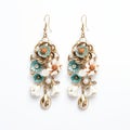 Exquisite Floral Earrings With White Butterflies - Light Gold And Turquoise