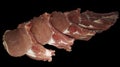 Photo of isolated pork tenderloin on a rib cut into pieces on a board on a black background