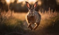 photo of jackrabbit jumping in tall grass at sunset. Generative AI