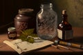 Still life with old books, quill pen and a bottle of medicine