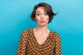 Photo of joking young lady wear blouse pouted lips playful childish girlfriend flirting coquettish tricky isolated on