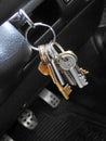 Car driving lesson keys in ignition pedals control vehicle Royalty Free Stock Photo
