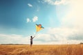 kid flaying kite in field under blue sky ai generated Royalty Free Stock Photo