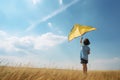 kid flying kite under blue sky ai generated Royalty Free Stock Photo